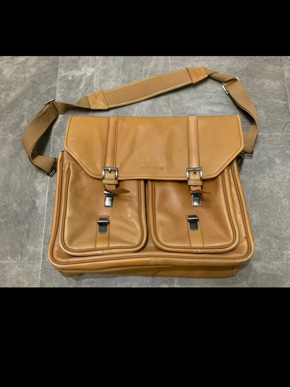 Kenneth Cole Cognac Leather Messenger Bag with Front Buckle Pockets
